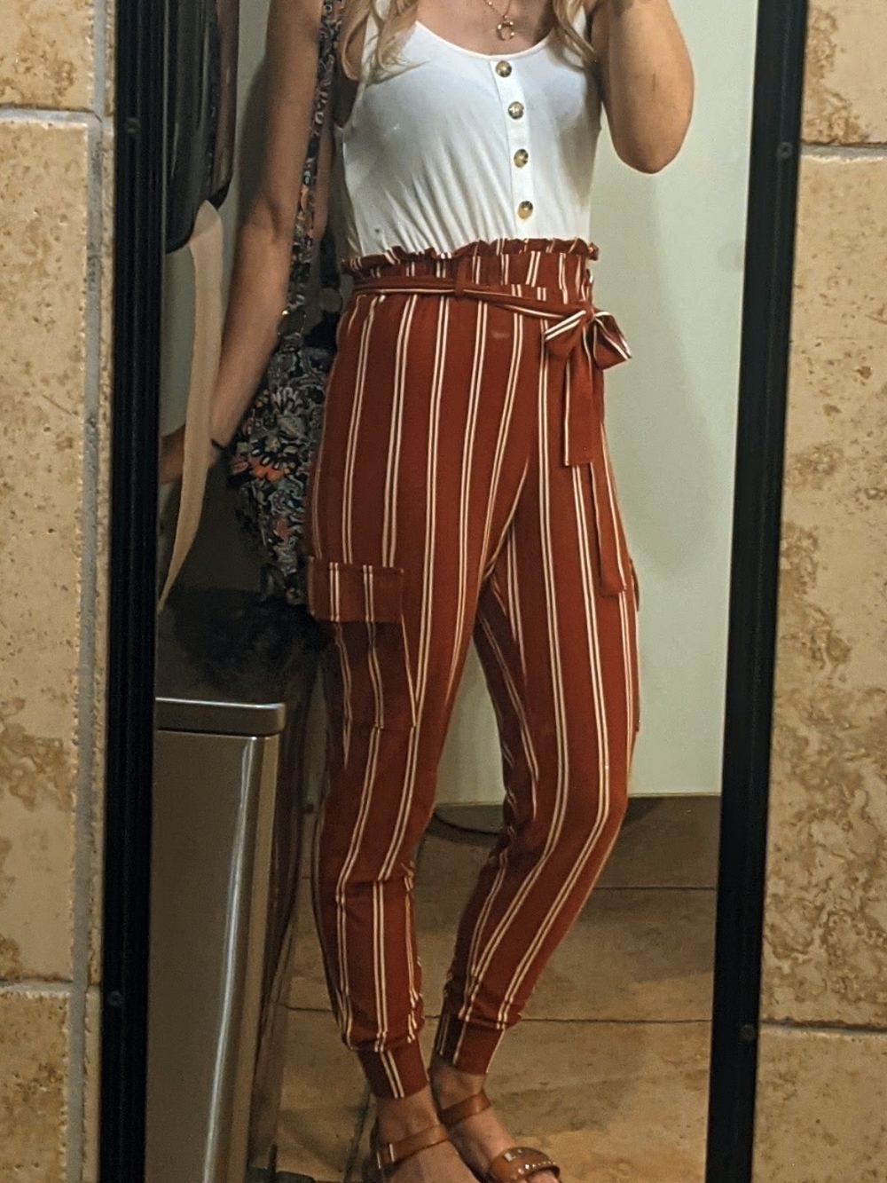 Striped Paperbag Waist Cargo Jumpsuit Pants - Rust